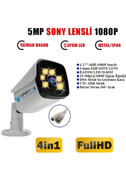 5 Kameralı Gece Renkli 5mp Lensli 1080P Fullhd Kamera Seti Tak Çalıştır Metal Kasa fiyatları