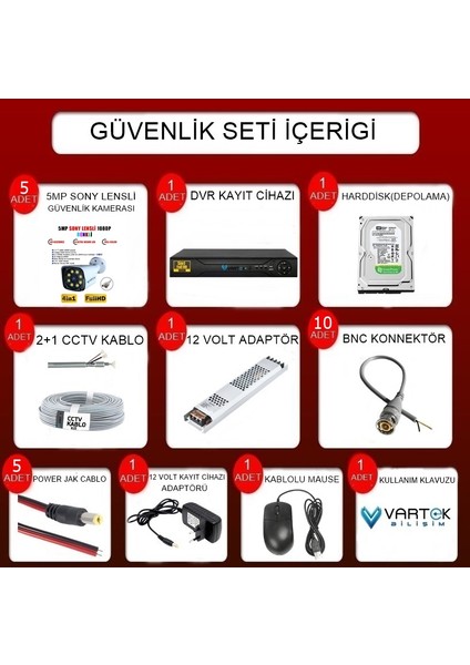 5 Kameralı Gece Renkli 5mp Lensli 1080P Fullhd Kamera Seti Tak Çalıştır Metal Kasa indirimleri