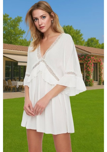 Kadın Mini Plaj Elbisesi V Yaka Büzgülü Kol Crinkle Dokuma Yazlık Zarifane Tasarım Modern Stil modelleri