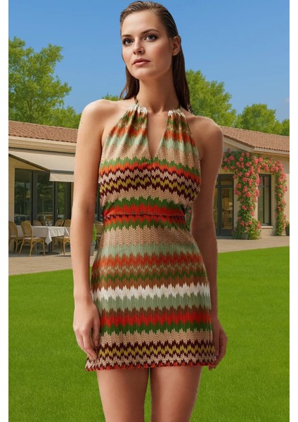 Şık Geometrik Desenli Mini Örme Elbise Yaz Plaj Profesyonel Görünüm Günlük Kullanım Için