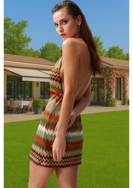 Şık Geometrik Desenli Mini Örme Elbise Yaz Plaj Profesyonel Görünüm Günlük Kullanım Için fiyatları