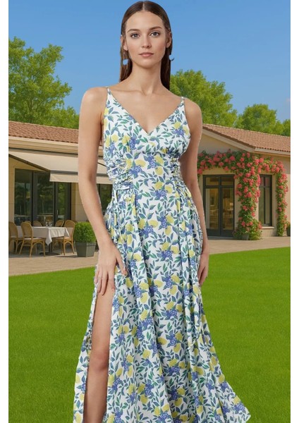 Şık Maxi Elbise V Yaka Kolsuz Dokuma Viskoz Plaj Elbisesi Özel Tasarım Modern Stil Dayanıklı Malzeme