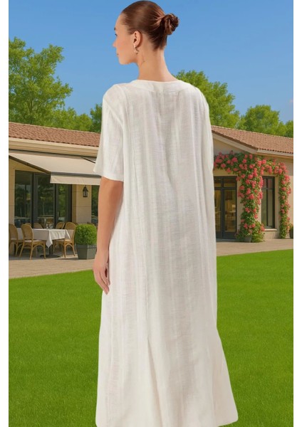 Maxi Keten Görünümlü Bağlamalı Plaj Elbisesi Yazlık Rahat Tesettür Modern Stil Rahat ve Şık fırsatları