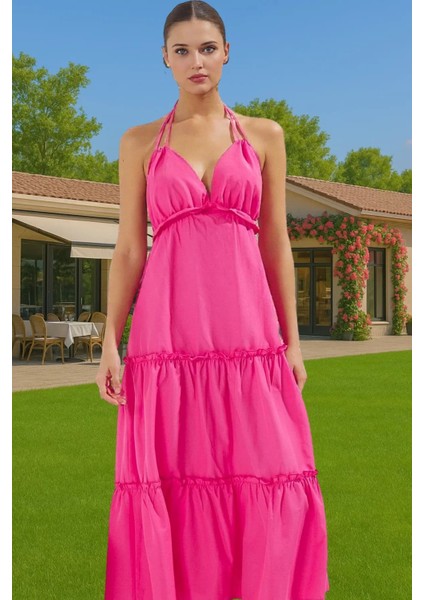 Maxi Çizgili Dokuma Fırfırlı Plaj Elbisesi Pamuklu Yazlık Rahat Tarz Trend Tasarım Özel Tasarım