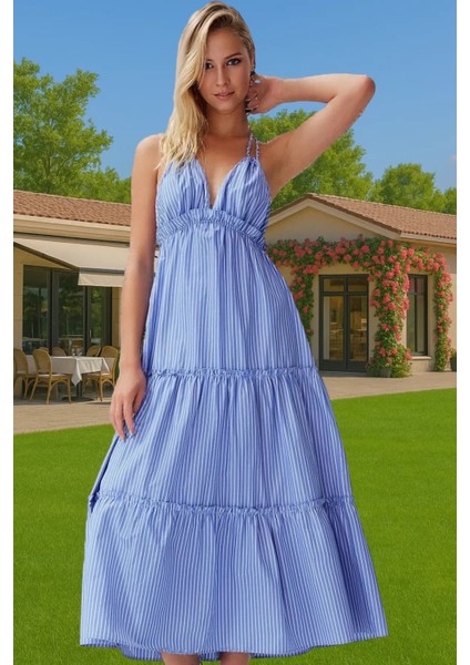 Maxi Çizgili Dokuma Fırfırlı Plaj Elbisesi Pamuklu Yazlık Rahat Tarz Trend Tasarım Özel Tasarım