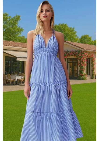 Maxi Çizgili Dokuma Fırfırlı Plaj Elbisesi Pamuklu Yazlık Rahat Tarz Trend Tasarım Özel Tasarım fiyatları