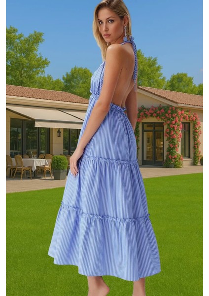 Maxi Çizgili Dokuma Fırfırlı Plaj Elbisesi Pamuklu Yazlık Rahat Tarz Trend Tasarım Özel Tasarım modelleri