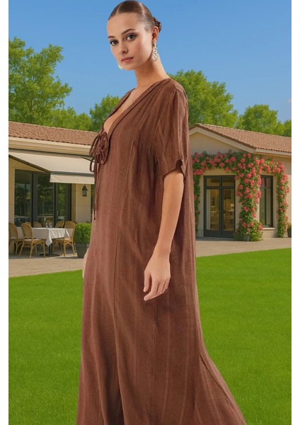 Maxi Keten Görünümlü Bağlamalı Plaj Elbisesi Yazlık Rahat Tesettür Modern Stil Rahat ve Şık