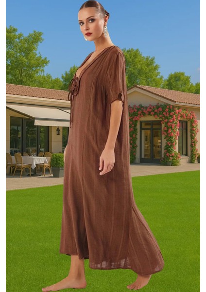 Maxi Keten Görünümlü Bağlamalı Plaj Elbisesi Yazlık Rahat Tesettür Modern Stil Rahat ve Şık fiyatları