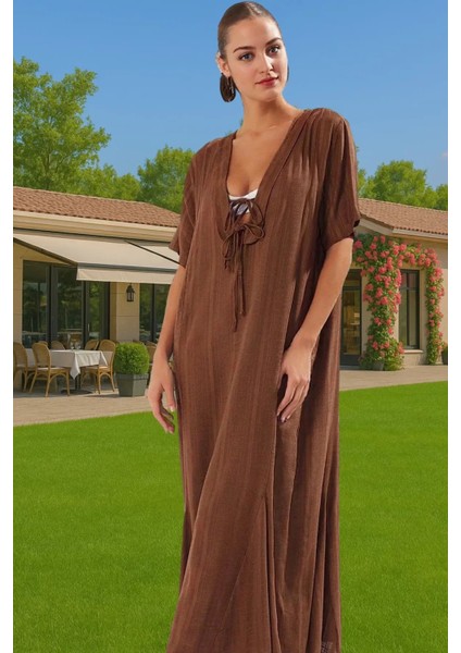 Maxi Keten Görünümlü Bağlamalı Plaj Elbisesi Yazlık Rahat Tesettür Modern Stil Rahat ve Şık fırsatları