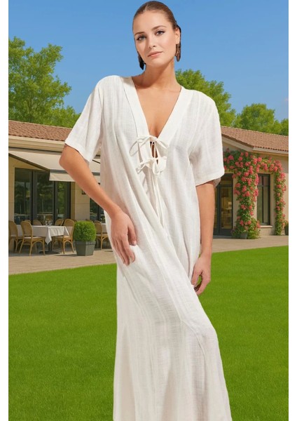 Maxi Keten Görünümlü Bağlamalı Plaj Elbisesi Yazlık Rahat Tesettür Modern Stil Rahat ve Şık