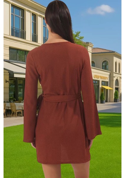 Kadın Krep Dokuma Uzun Kollu Mini Elbise Bağlamalı V Yaka Plaj Rahat Kullanım Mükemmel Uyum modelleri