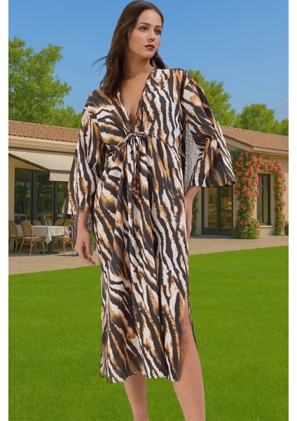 Maxi Zebra Desenli Pamuklu Plaj Elbisesi Büzgü Detaylı V Yaka Seçkin Malzeme Yüksek Kalite