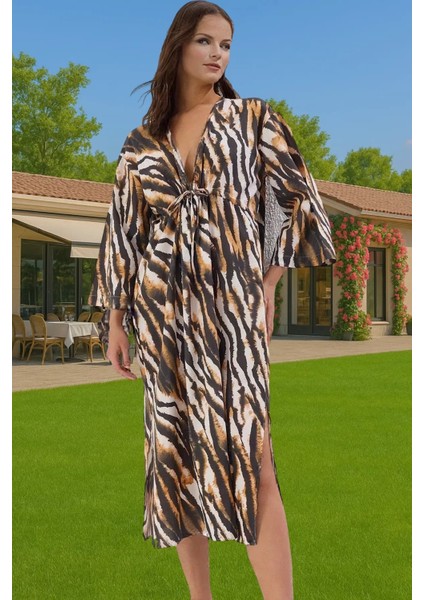 Maxi Zebra Desenli Pamuklu Plaj Elbisesi Büzgü Detaylı V Yaka Seçkin Malzeme Yüksek Kalite modelleri