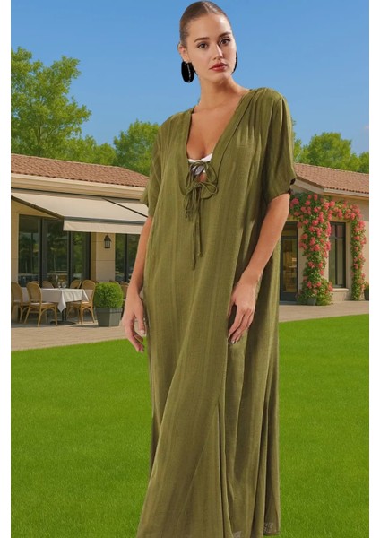 Maxi Keten Görünümlü Bağlamalı Plaj Elbisesi Yazlık Rahat Tesettür Modern Stil Rahat ve Şık fırsatları
