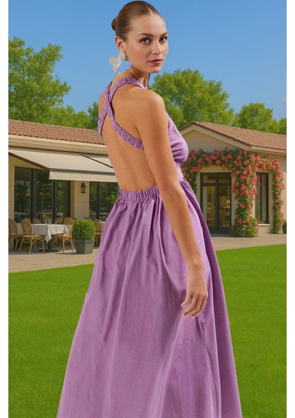 Kadın Midi Boy Flamlı Pamuk Plaj Elbisesi Sırt Dekolteli Yazlık Özel Tasarım Profesyonel Görünüm