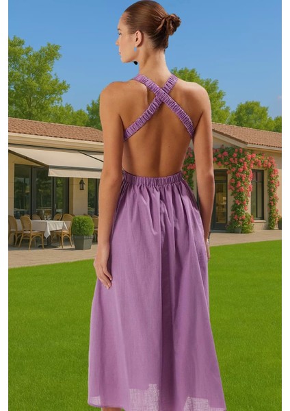 Kadın Midi Boy Flamlı Pamuk Plaj Elbisesi Sırt Dekolteli Yazlık Özel Tasarım Profesyonel Görünüm modelleri