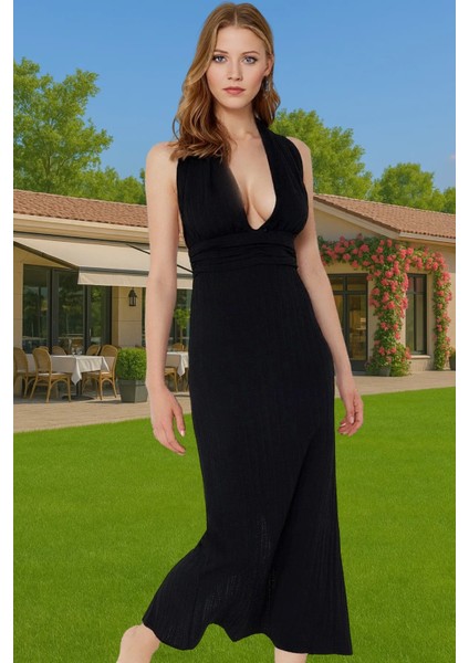 Maxi Keten Karışımlı Sırt Dekolteli Plaj Elbisesi Yazlık Şık Tasarım Rahat ve Şık Yüksek Kalite