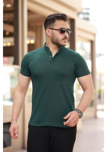 Erkek Hakim Yaka Dokuma Pamuklu Kumaş Kısa Kollu T-Shirt