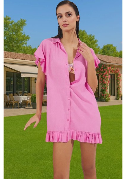 Yazlık Kadın Bisiklet Yaka Kısa Volanlı Plaj Elbisesi Crinkle Dokuma Rahat ve Şık Dayanıklı Malzeme