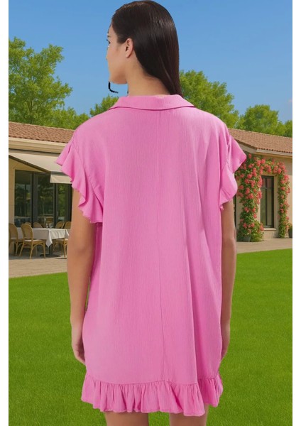 Yazlık Kadın Bisiklet Yaka Kısa Volanlı Plaj Elbisesi Crinkle Dokuma Rahat ve Şık Dayanıklı Malzeme fiyatları