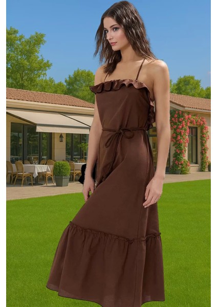 Maxi Dokuma Pamuklu A Line Plaj Elbisesi Volanlı Detay Yazlık Mükemmel Uyum Modern Stil