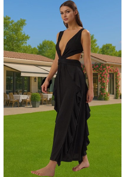 Maxi Örme Cut Out V Yaka Plaj Elbisesi Dokulu Polyester Yazlık Zarifane Tasarım Yüksek Kalite