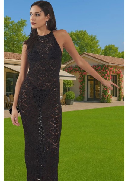 Kadın Maxi Boy Triko Plaj Elbise Halter Yaka Yazlık Şık Modern Stil Dayanıklı Malzeme