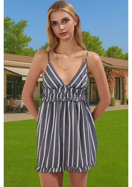 Yazlık Şeritli Midi Pamuklu Plaj Elbisesi V Yaka Ince Askılı Rahat Kullanım Dayanıklı Malzeme