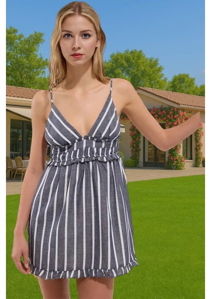 Yazlık Şeritli Midi Pamuklu Plaj Elbisesi V Yaka Ince Askılı Rahat Kullanım Dayanıklı Malzeme fiyatları