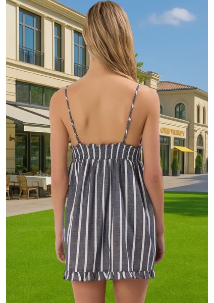 Yazlık Şeritli Midi Pamuklu Plaj Elbisesi V Yaka Ince Askılı Rahat Kullanım Dayanıklı Malzeme modelleri