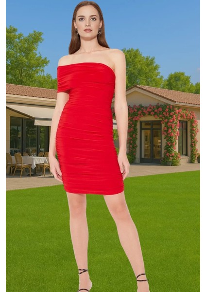 Şık Kısa Örme Abiye Elbise Tek Kol Carmen Yaka Bodycon Kaliteli Işçilik Mükemmel Uyum Premium Kalite fırsatları