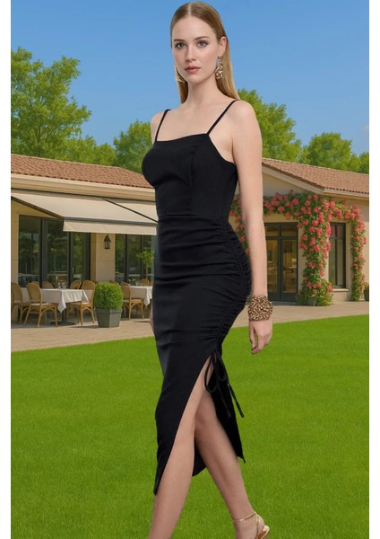 Şık Abiye Elbise Dokuma Polyester Karışımlı Midi Boy Gece Elbisesi Seçkin Malzeme Modern Stil