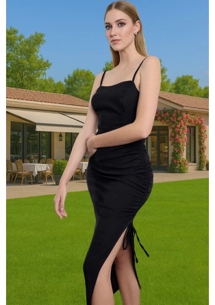 Şık Abiye Elbise Dokuma Polyester Karışımlı Midi Boy Gece Elbisesi Seçkin Malzeme Modern Stil