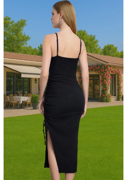 Şık Abiye Elbise Dokuma Polyester Karışımlı Midi Boy Gece Elbisesi Seçkin Malzeme Modern Stil