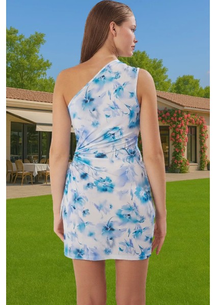 Çiçek Desenli Tek Omuz Mini Elbise Örme Kumaş Yaz Mezuniyet Elbisesi Şık Görünüm Modern Stil