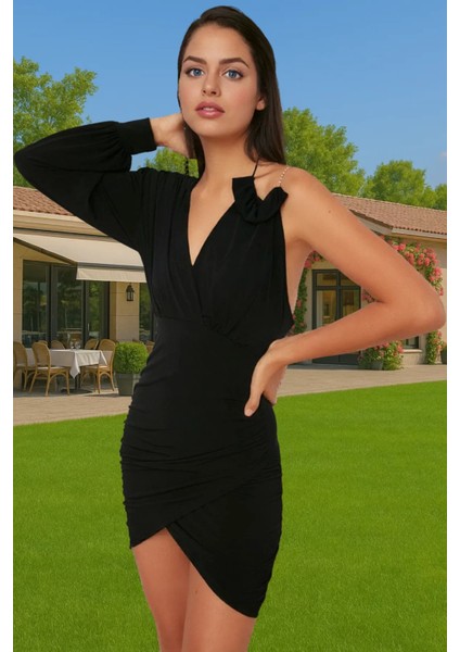 Tek Omuzlu Örme Mini Abiye Elbise Polyester Karışımlı Yazlık Özenle Seçilmiş Rahat Kullanım