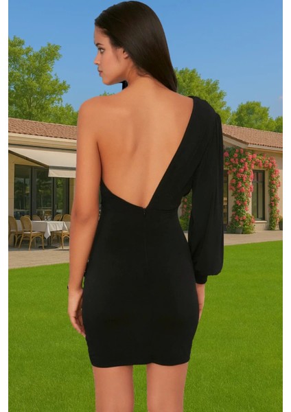 Tek Omuzlu Örme Mini Abiye Elbise Polyester Karışımlı Yazlık Özenle Seçilmiş Rahat Kullanım