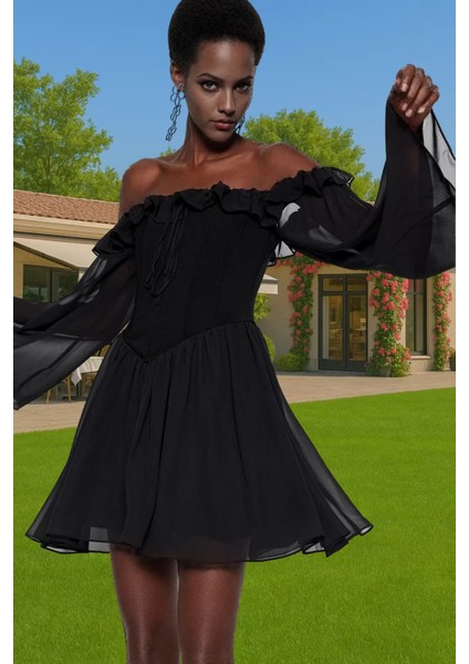 A Kesim Şifon Abiye Elbise Volanlı Uzun Kollu Yazlık Trend Tasarım Kaliteli Işçilik Seçkin Malzeme