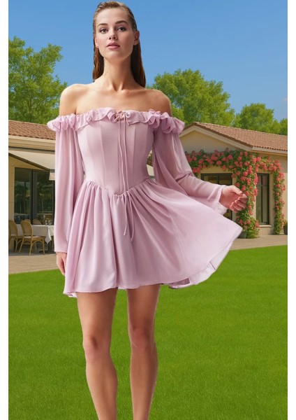 A Kesim Şifon Abiye Elbise Volanlı Uzun Kollu Yazlık Trend Tasarım Kaliteli Işçilik Seçkin Malzeme