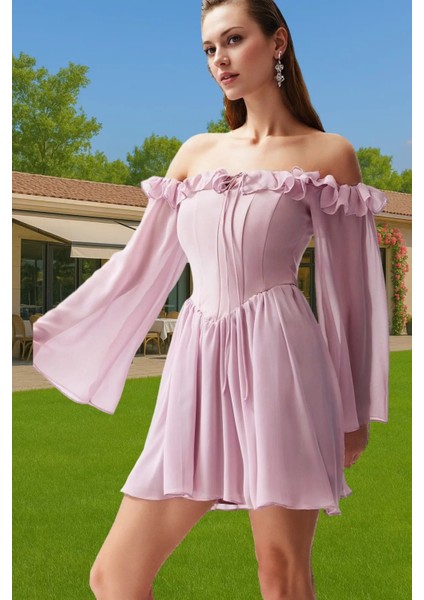 A Kesim Şifon Abiye Elbise Volanlı Uzun Kollu Yazlık Trend Tasarım Kaliteli Işçilik Seçkin Malzeme fiyatları