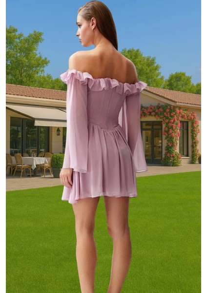 A Kesim Şifon Abiye Elbise Volanlı Uzun Kollu Yazlık Trend Tasarım Kaliteli Işçilik Seçkin Malzeme modelleri