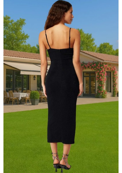 Parıltılı Örme Midi Elbise Vücudu Saran Askılı Degaje Yaka Modern Stil Şık Görünüm Özenle Seçilmiş modelleri