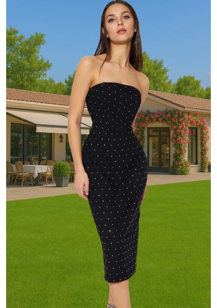 Şık Abiye Elbise Finike Dokuma Polyester Karışımlı Straplez Midi Boy Rahat Kullanım Trend Tasarım