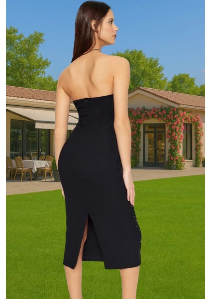 Şık Abiye Elbise Finike Dokuma Polyester Karışımlı Straplez Midi Boy Rahat Kullanım Trend Tasarım