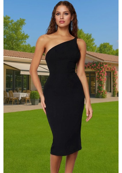 Şık Abiye Elbise Tek Omuzlu Bodycon Midi Dokuma Yaz Özel Tasarım Şık Görünüm Trend Tasarım