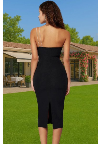 Şık Abiye Elbise Tek Omuzlu Bodycon Midi Dokuma Yaz Özel Tasarım Şık Görünüm Trend Tasarım
