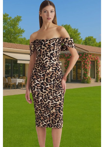 Leopar Desenli Midi Boy Bodycon Abiye Elbise Polyester Karışımlı Yazlık Yüksek Kalite Seçkin Malzeme