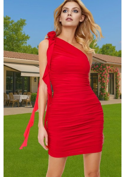 Tek Omuzlu Kısa Mini Elbise Örme Polyester Karışımlı Yazlık Gece Elbisesi Dayanıklı Malzeme
