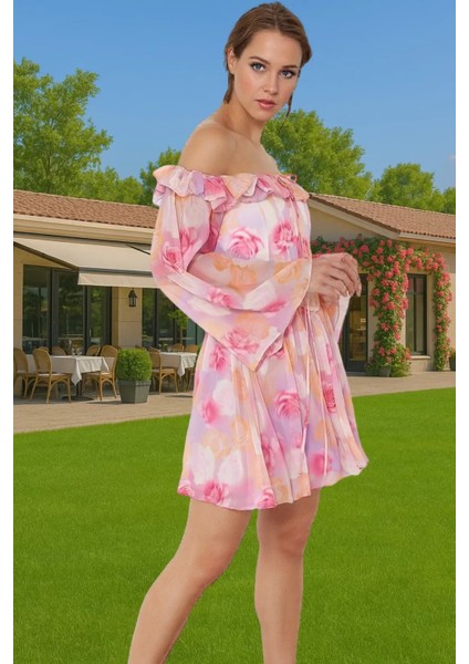 A Kesim Şifon Abiye Elbise Volanlı Uzun Kollu Yazlık Trend Tasarım Kaliteli Işçilik Seçkin Malzeme